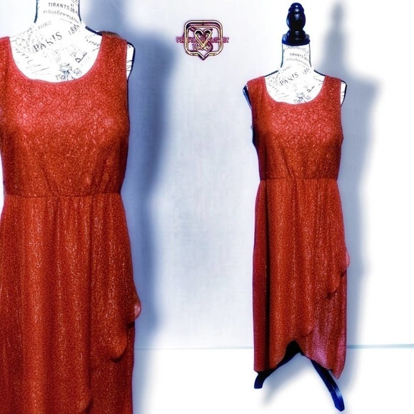 VINTAGE Y2K Metallic Wetlook Red Lace High Low Party Dress, XL - Picture 1 of 9
